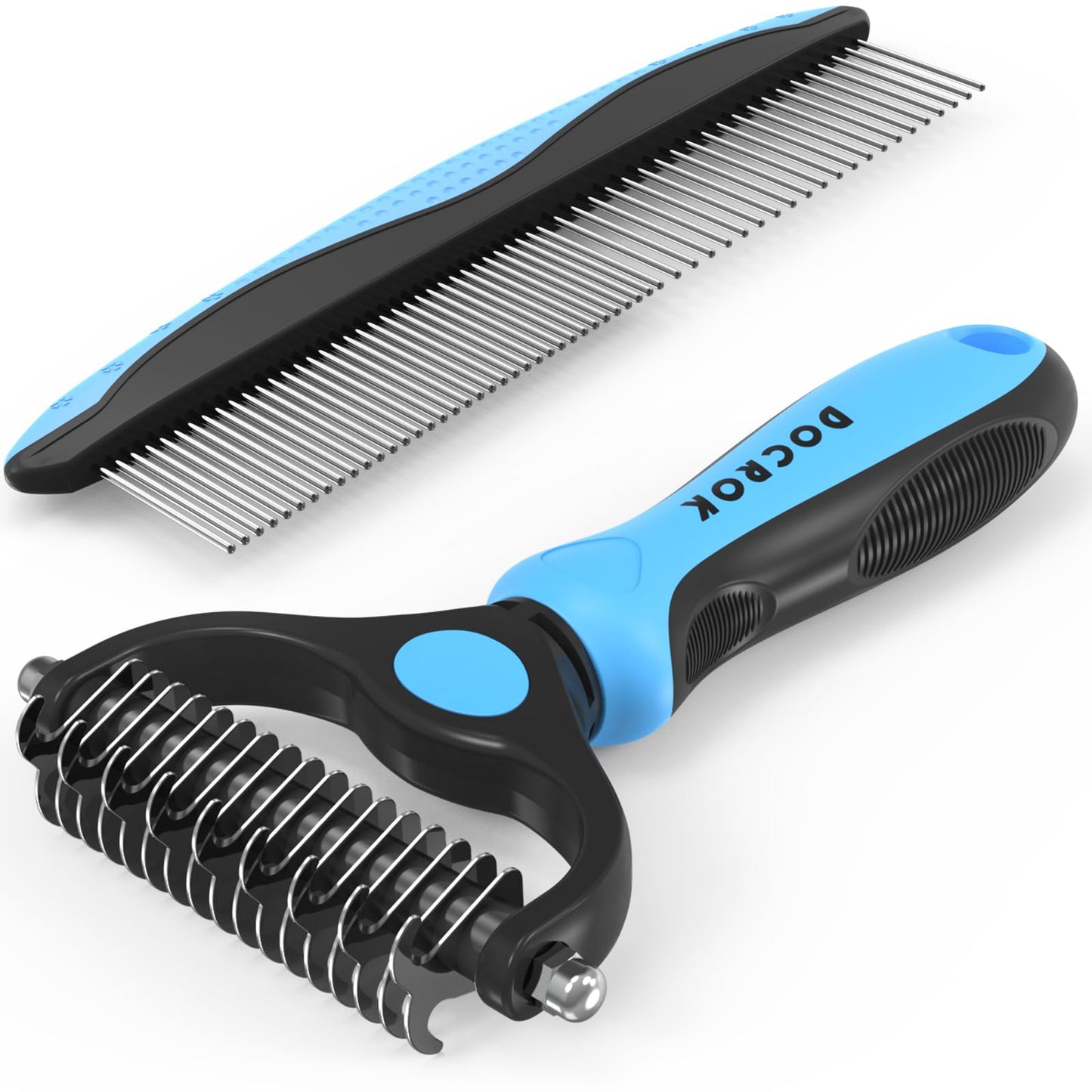 HOTDocrok Pet Grooming Combo - Blue Deshedding Brush with Metal Comb for Detangling and Dematting Long, Matted Fur on Cats and Dogs