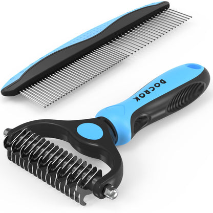 HOTDocrok Pet Grooming Combo - Blue Deshedding Brush with Metal Comb for Detangling and Dematting Long, Matted Fur on Cats and Dogs
