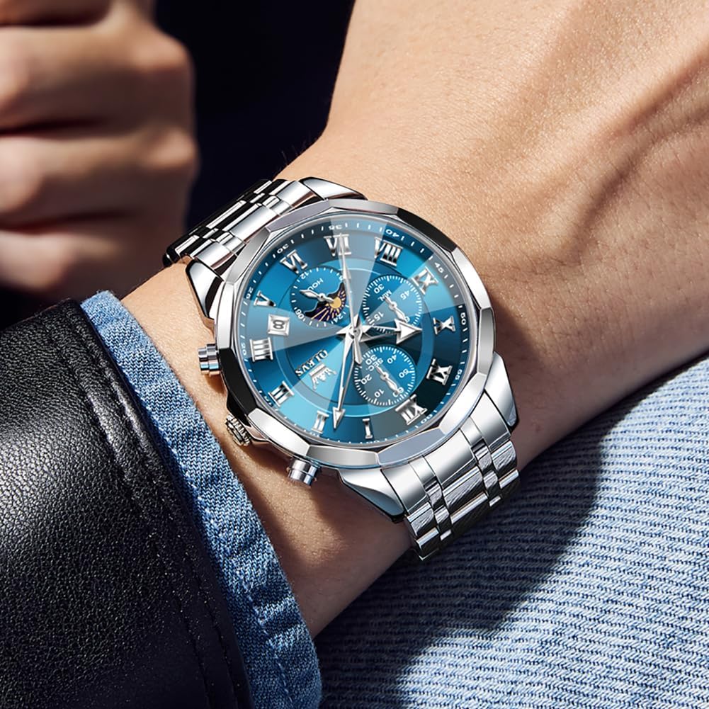 HOTOLEVS Watch Men Luxury Sliver Stainless Steel Dress Waterproof Blue Face Wrist Watches for Men Classic Analog Quartz Moon Phase Chronograph Men Watch Relojes De Hombre