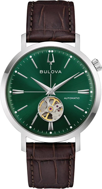 HOTBulova Men's Classic Aerojet 3-Hand Automatic Leather Strap Watch, Open Aperture, 40-Hour Power Reserve, Double Curved Mineral Crystal, 41mm