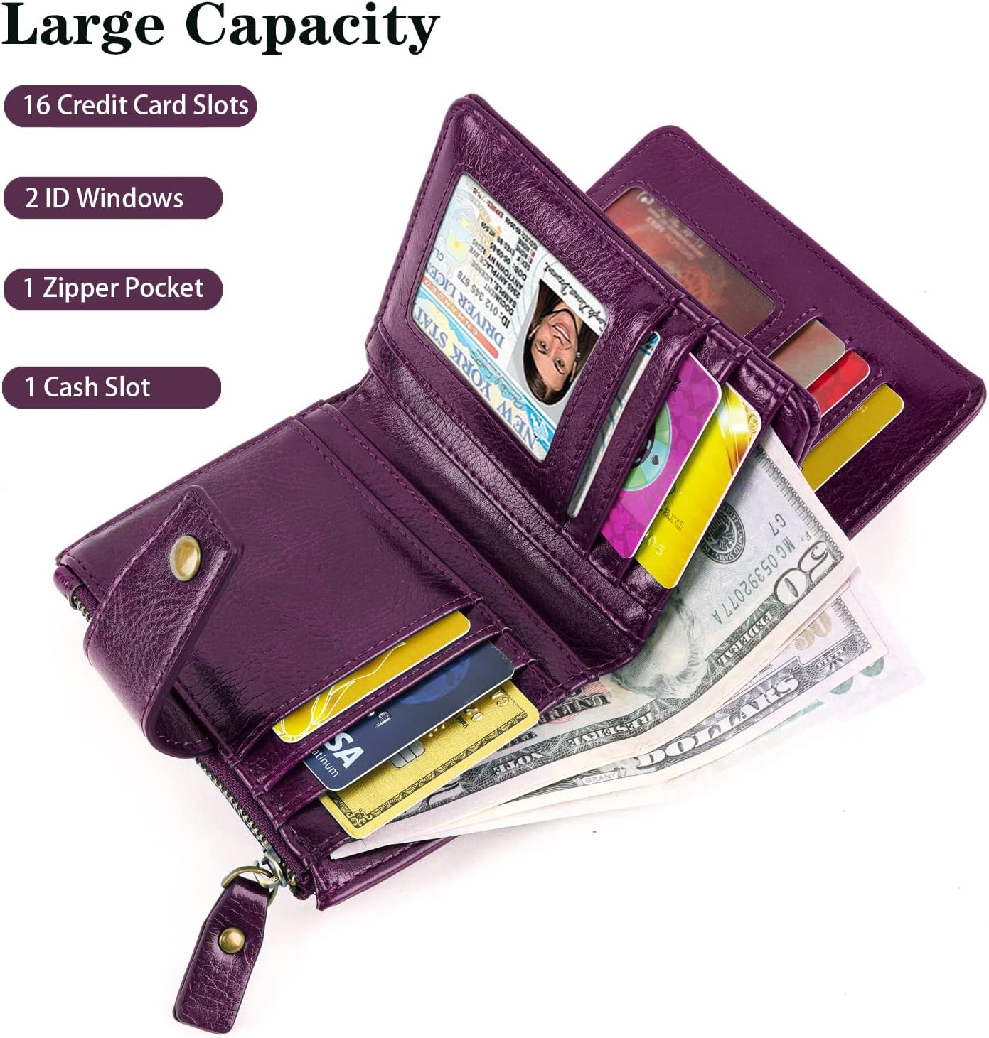 HOTSmall Womens Wallet Billfold RFID Credit Card Holder Ladies Purse | Compact Wallets Women, 2 ID Windows,16 Card Slots, Zipper Coin Pocket, PU Leather, Woman Female Girls Gift, Purple Flower