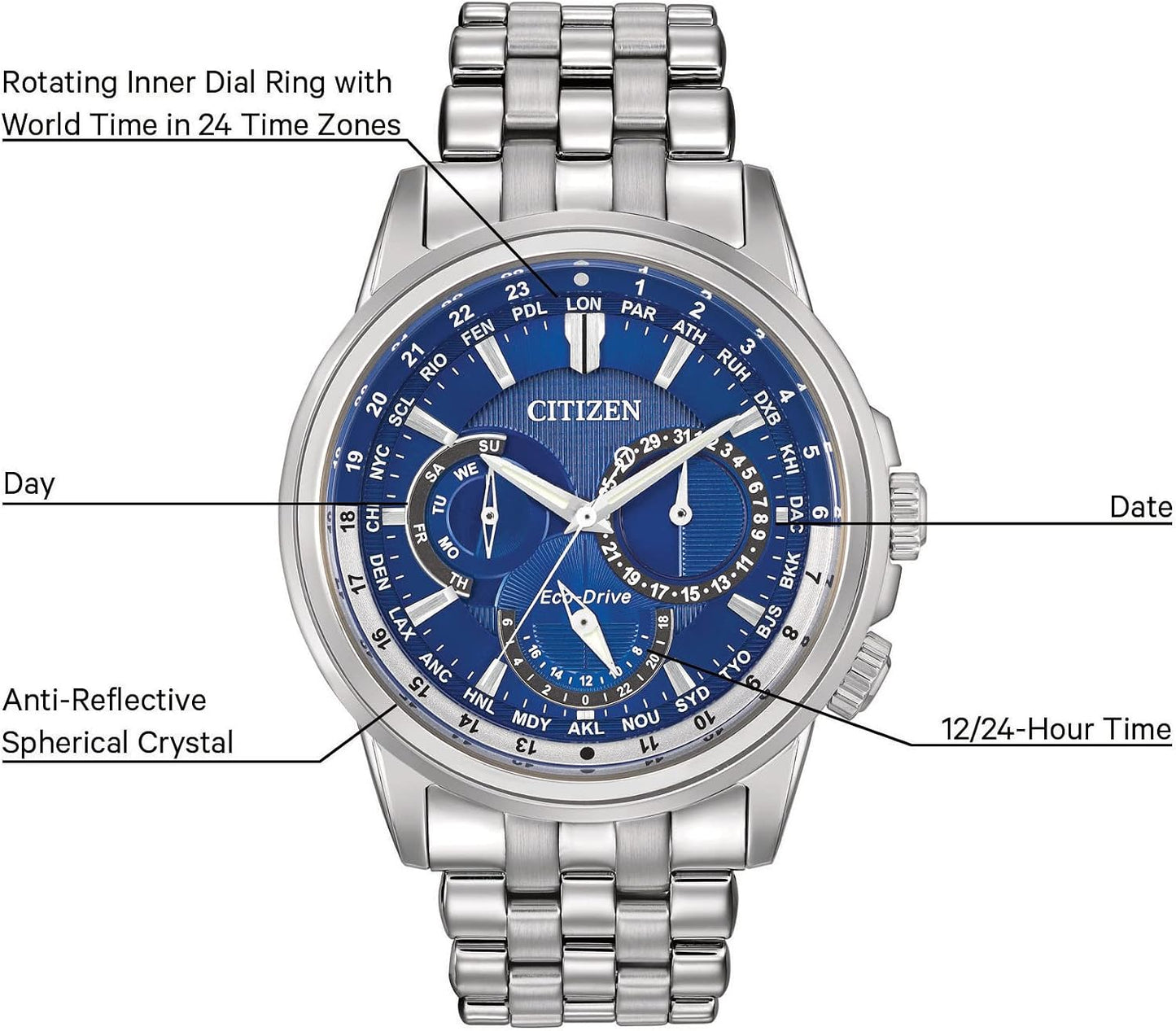 HOTCitizen Men's Eco-Drive Calendrier Classic Watch, 12/24 Hour Time, 3-Hand Day and Date, Chronograph, Luminous Hands