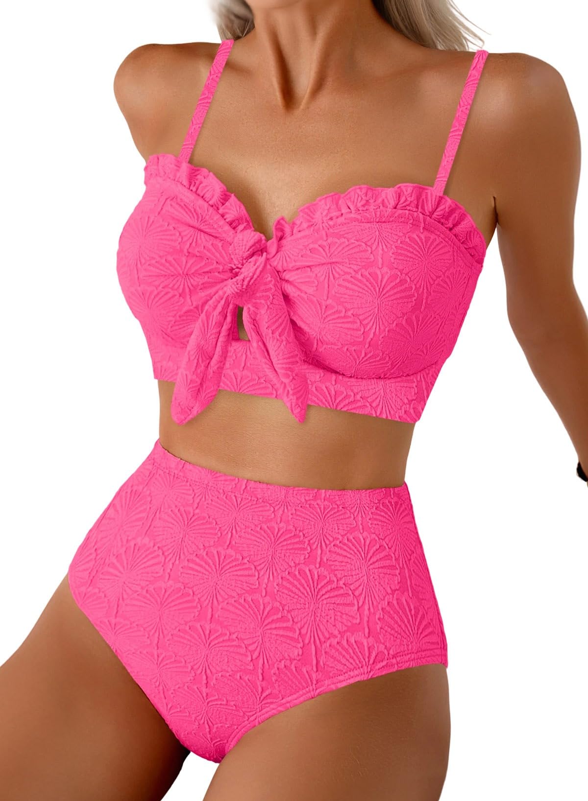HOTHerseas Women's Seashell Textured Bikini Sets Knotted Front 2 Piece Swimsuits Ruffle Trim Bathing Suits