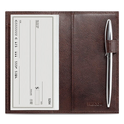 HOTHISCOW Leather Checkbook Cover for Duplicate Checks with Pen Holder | Full grain cowhide, personal check book & register pockets, removable vinyl divider, durable stitching, gifts for women men