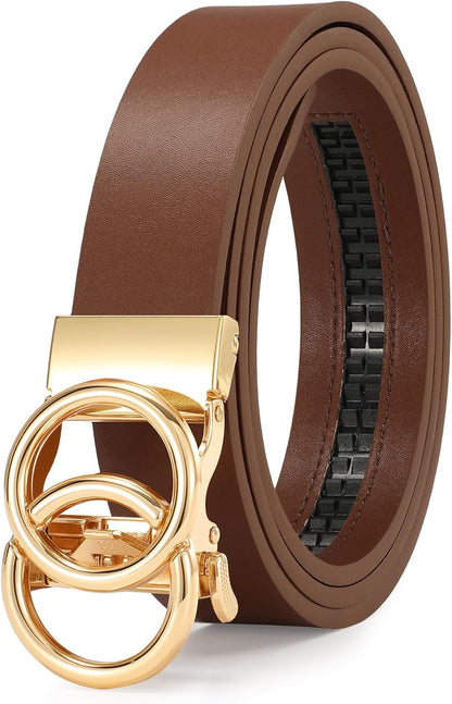 HOTSUOSDEY Womens Ratchet Leather Belt for Jeans Dress Pants Ladies Adjustable No Holes Belt with Automatic Sliding Buckle,1.2"