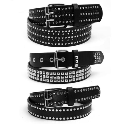 HOT3 Pcs Black Studded Belt Y2K Belt Star Gothic Punk Rock Belts with Grommet Threads Bright Metal Pyramid for Women Men