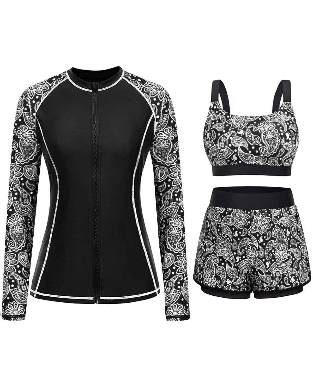 HOTDaci 3 Piece Rash Guard Set with 3'' Shorts | UPF 50+ Sun Protection, Long Sleeve Swim Shirt, High Rise, Built-in Bra, Removable Pads, for Beach, Pool, and Surfing