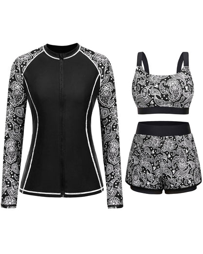 HOTDaci 3 Piece Rash Guard Set with 3'' Shorts | UPF 50+ Sun Protection, Long Sleeve Swim Shirt, High Rise, Built-in Bra, Removable Pads, for Beach, Pool, and Surfing