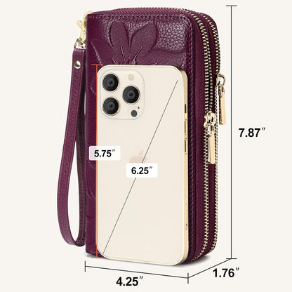 HOTMoraMok Genuine Leather Wallet for Women, Large Capacity Credit Card Holder Wallet with RFID Blocking, Double Zipper Pocket, Phone Wristlet Purse (Dark Purple)
