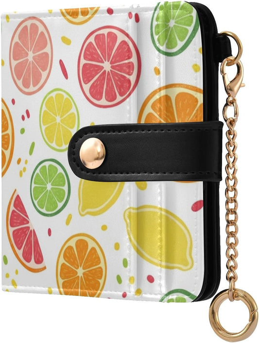 HOTDOMIKING White Fruits Orange Print Small Women Wallet Bifold RFID Blocking Leather Compact Card Holder with Coin Pocket Zipper Purse for Women Ladies Girls