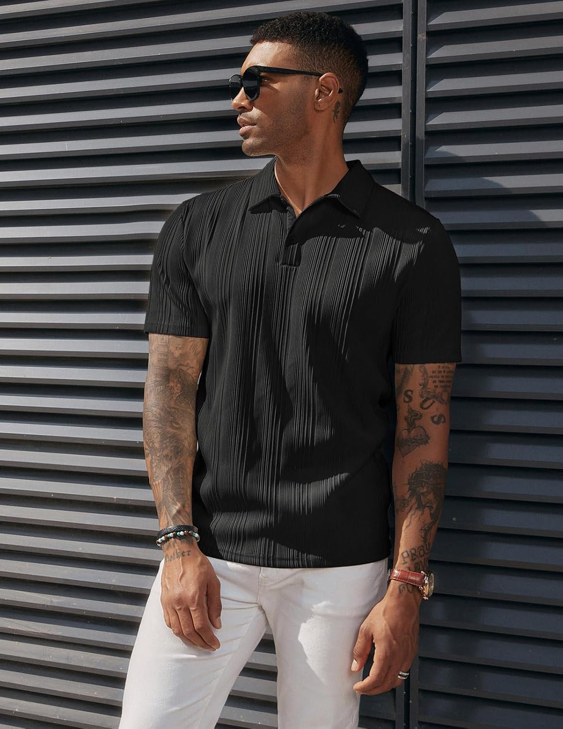 HOTPJ PAUL JONES Mens Polo Shirts Textured Knit Polo Stretchy Regular Fit Collared Golf Shirts