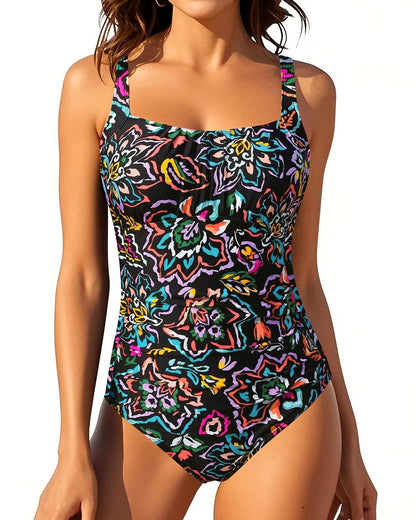 HOTOne Piece Bathing Suit for Women Tummy Control Vintage Swimsuit | Square Neck, Supportive Unremovable Cups, Ruched Design, Adjustable Straps, Full Coverage