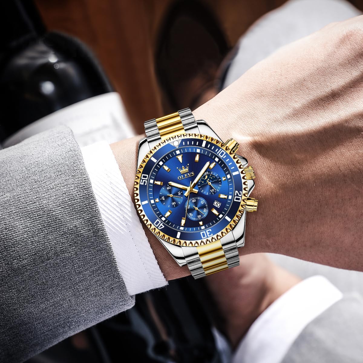 HOTOLEVS Men's Waterproof Watches Stainless Steel Waterproof Chronograph Wrist Watches Luxury Dress White Luminous Big Face Analog Quartz Male Watches