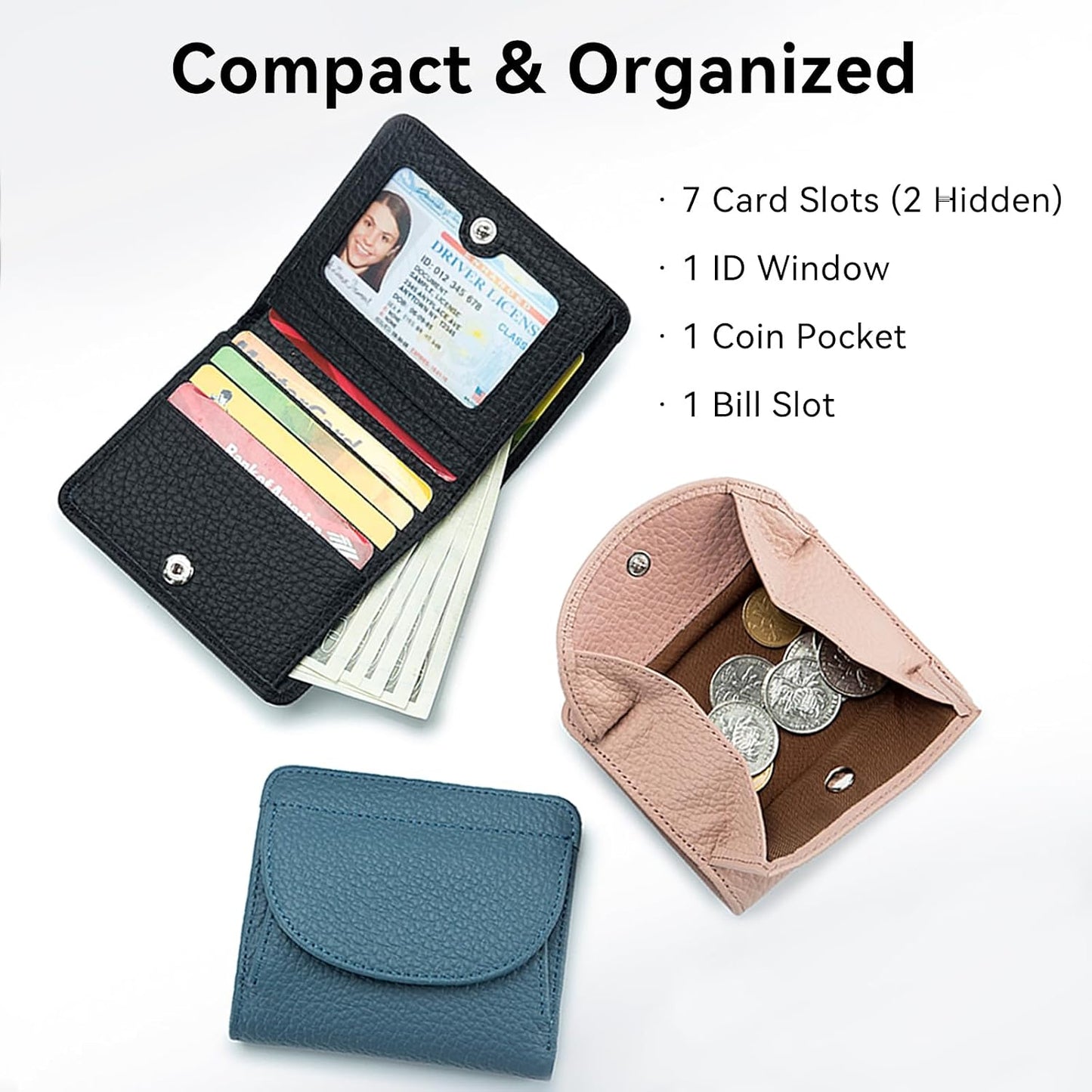 HOTWomen's RFID Blocking Bifold Wallet, Genuine Leather, Slim, 7-Card | Clear ID Window, Coin Pocket, 2 Hidden Slots, Pebbled Cowhide Texture, Secure Snap Closure, Multiple Colors, Compact, 2.47oz