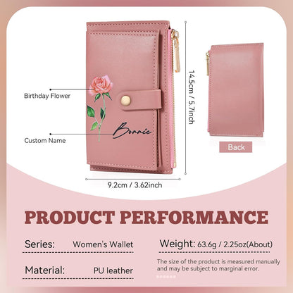 HOTPersonalized Gifts for Women Christmas Custom Birthflower Wallet for Mom Customizable Name Leather Wallet for Wife Her Mother's Day Birthday Gifts from Daughter Son Husband (Color 1)