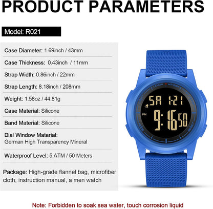 HOTHANPOSH Mens Digital Watch Ultra Thin Minimalist Sports Waterproof Outdoor LED Screen Large Face Wrist Watches for Men with Back Light Alarm Date Stopwatch