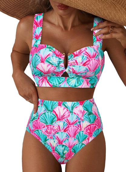 HOTHerseas Women's 2 Piece U Wire Cutout Bikini Sets Floral Print High Waisted Swimsuit 2026 Summer Beach Swim Bathing Suit