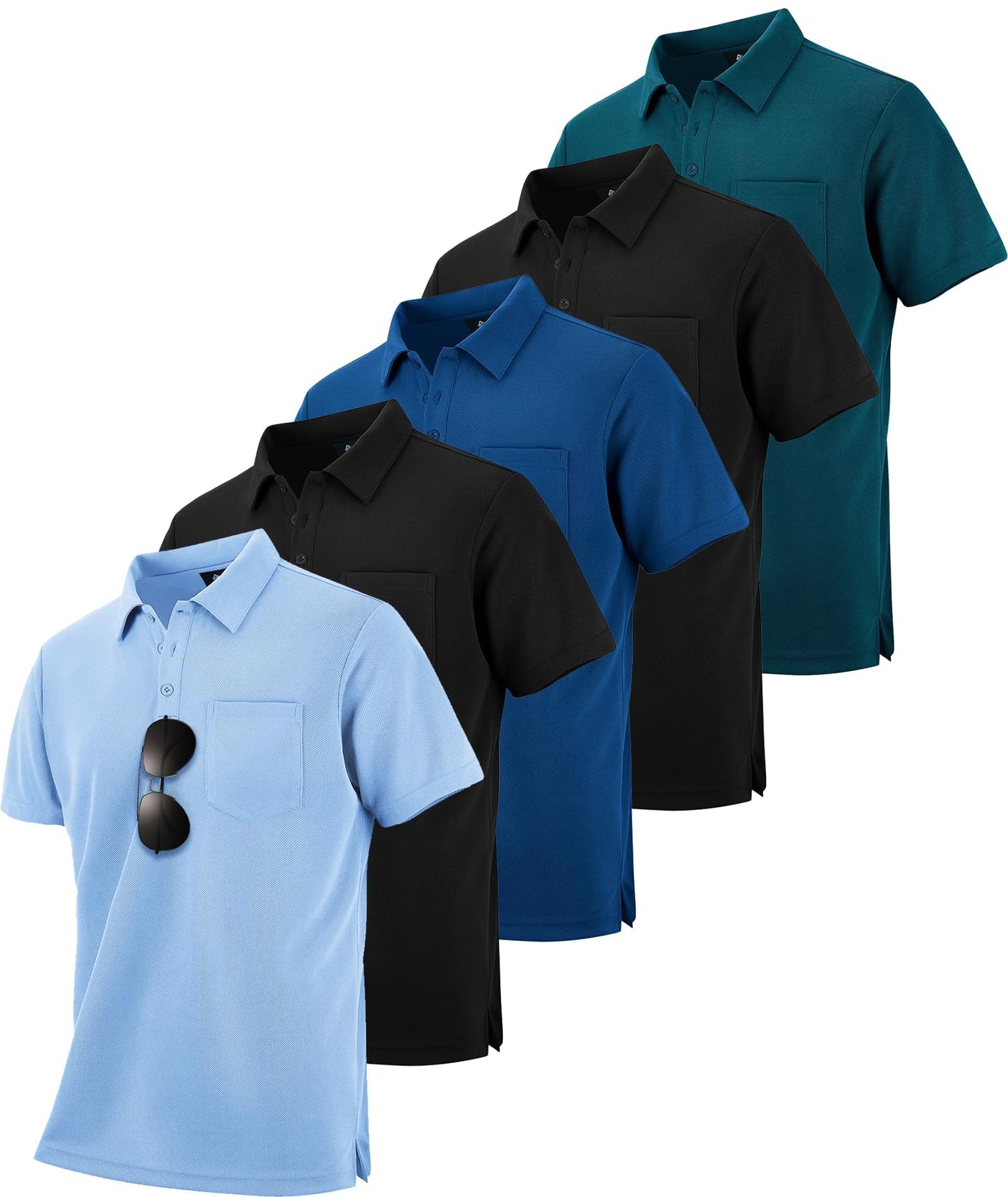 HOTSCODI 5 Pack Mens Pocket Polo Shirts Short Sleeve Multipack Golf Shirt for Men Moisture Wicking Casual Athletic Work T-Shirts