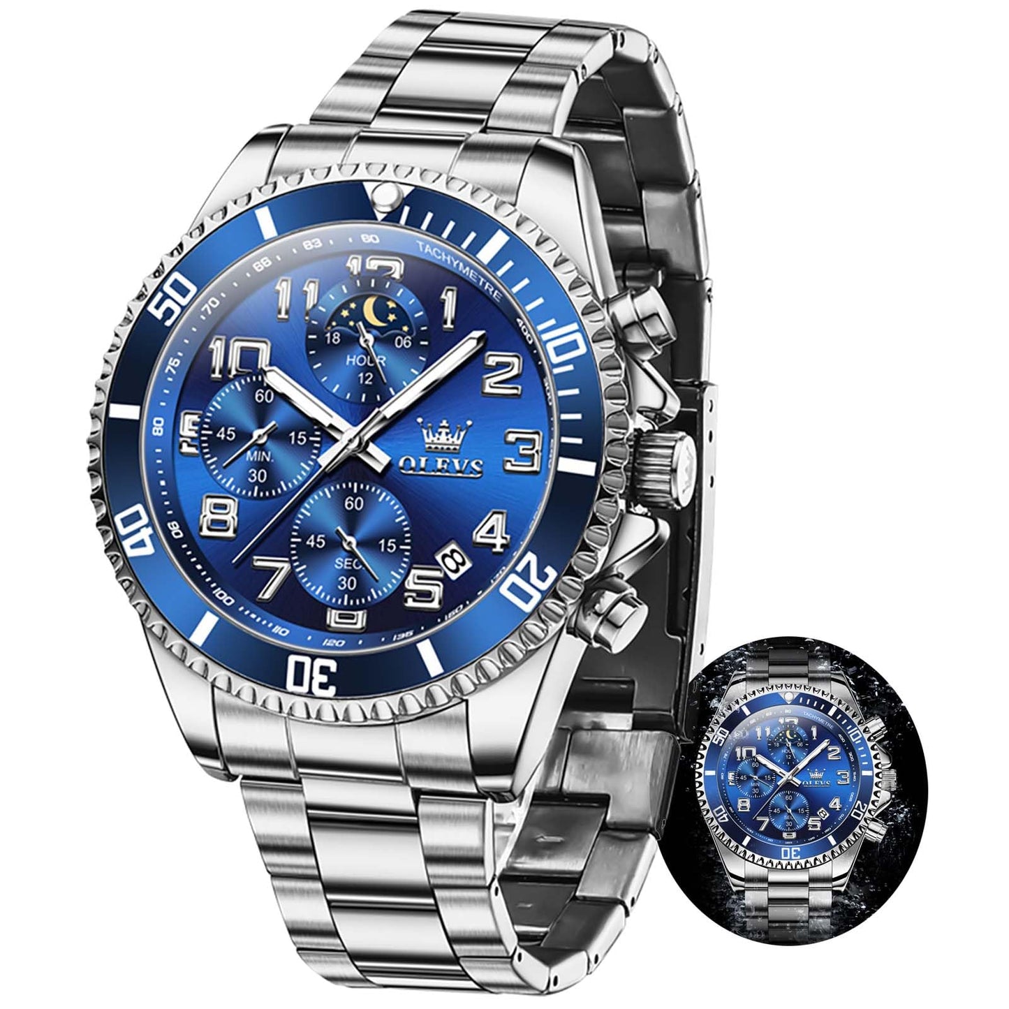 HOTOLEVS Mens Watches Chronograph Watch Luxury Dress Stainless Steel Waterproof Watches for Men Moon Phase Luminous Business Calendar Wrist Watch Blue/Black/Green/Gold/Face
