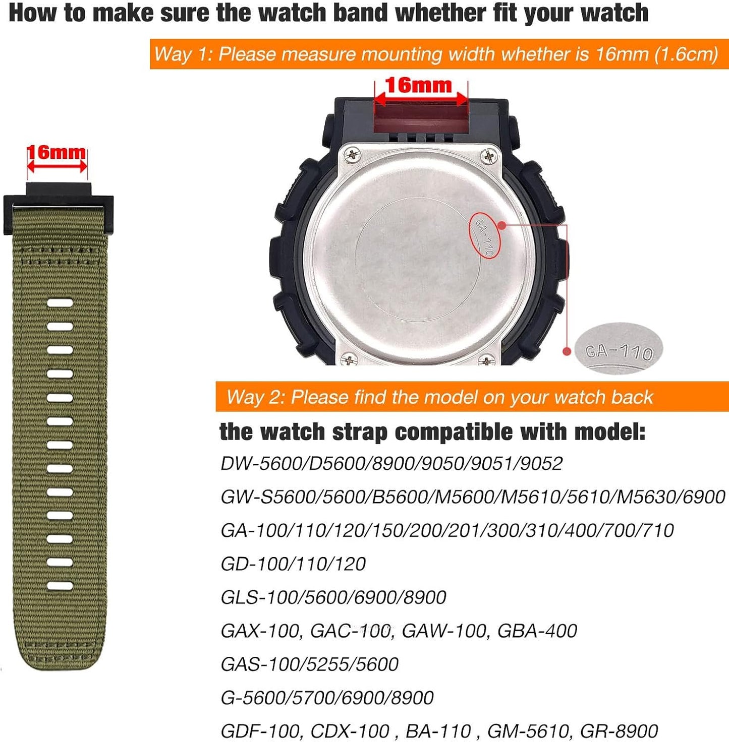 HOTAbanen Rugged Nylon Watch Band for Casio gshock DW-5600/8900, Adjustable Sports Wrist Strap for GA-100/GW-B5600/GB-5600 /GW-6900