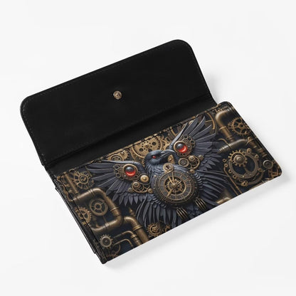 HOTBlack Raven PU Leather Wallet for Women Retro Victorian Steampunk Art Leather Card Holder Large Capacity, Mechanical Gears Crow Ladies Long Purse with ID Window