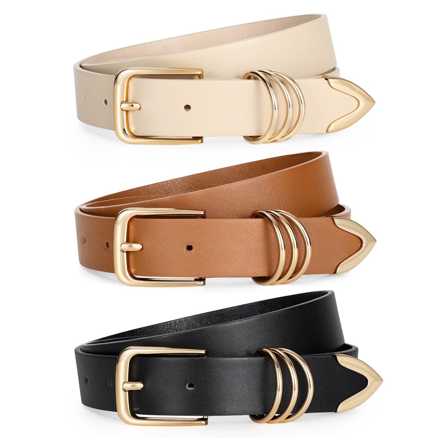 HOTLEACOOLKEY 3 Pack Women's Leather Belts for Jeans Dress Pants Fashion Ladies Leather Belts with Gold Buckle