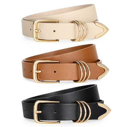 HOTLEACOOLKEY 3 Pack Women's Leather Belts for Jeans Dress Pants Fashion Ladies Leather Belts with Gold Buckle