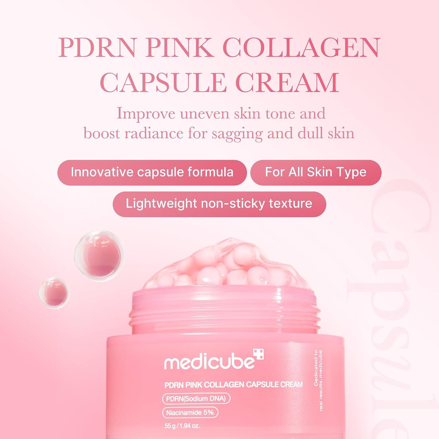 HOTmedicube Capsule Cream with Salmon DNA PDRN Pink Collagen | Lightweight Moisturizing Cream with PDRN, Niacinamide for Uneven Skin Tone and Texture, Glow hydration | Korean Skincare, 1.94 oz