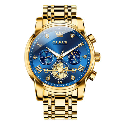HOTOLEVS Men Watches Stainless Steel Chronograph Watch, Large Wrist Analog Quartz Watch, Fashion Waterproof Diamond Roman Numerals Dress Watches for Men, Gold/Black/White/Blue/Grey Dial