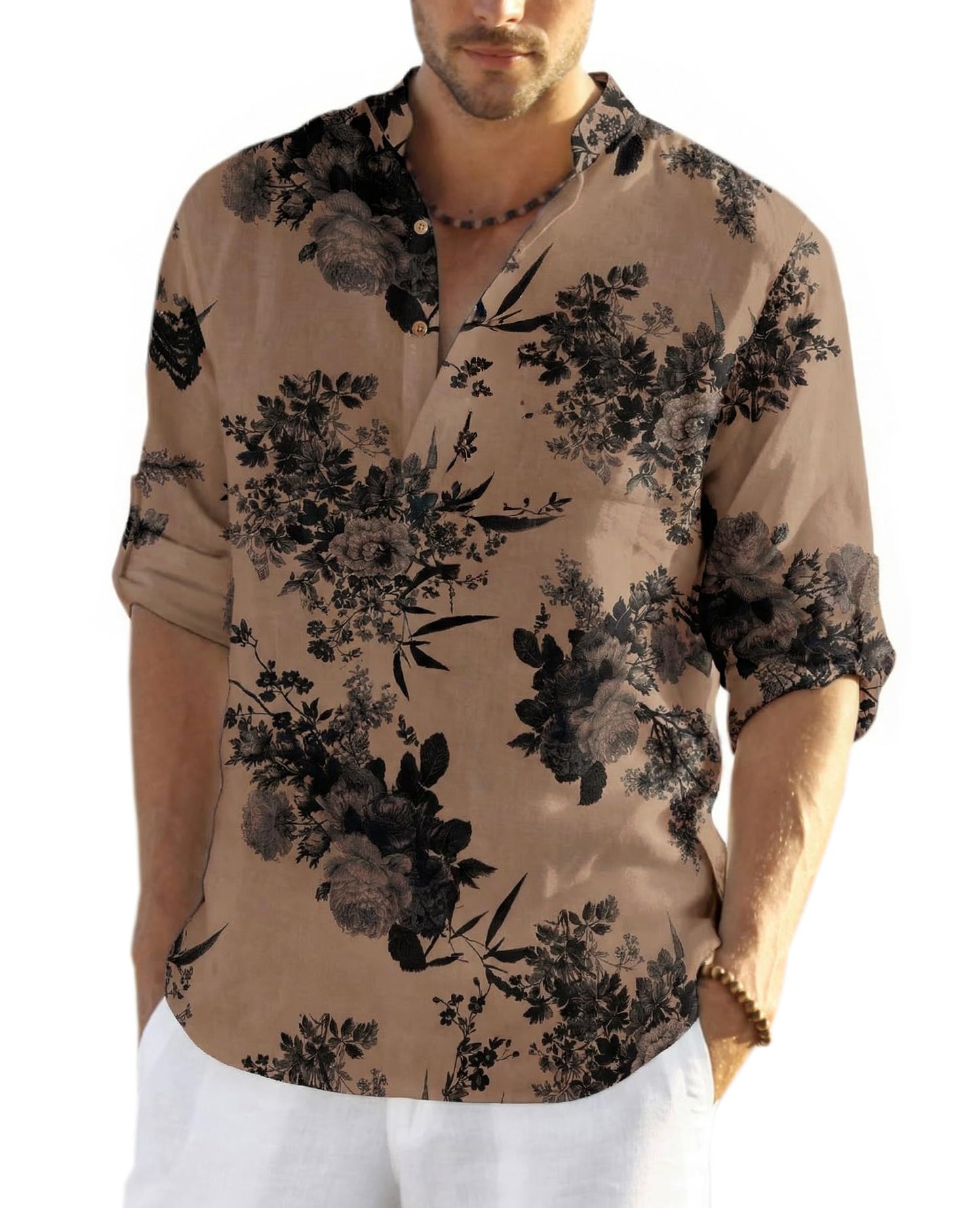 HOTCOOFANDY Men's Cotton Linen Henley T-Shirt Long Sleeve Hippie Casual Beach T-Shirts