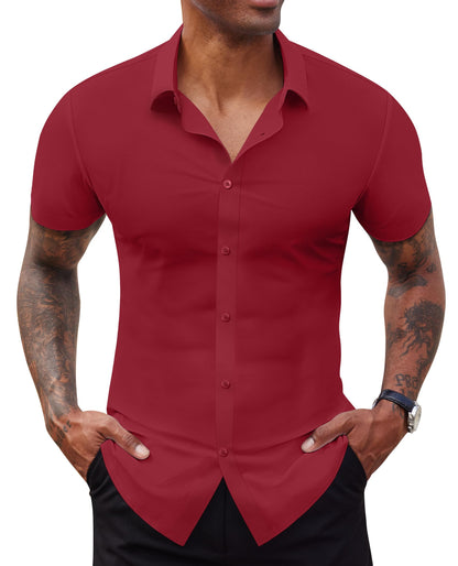 HOTLion Nardo Stretch Dress Shirts for Men Short Sleeve Slim Fit Casual Button Down Shirts Muscle Fit Men's Dress Shirts