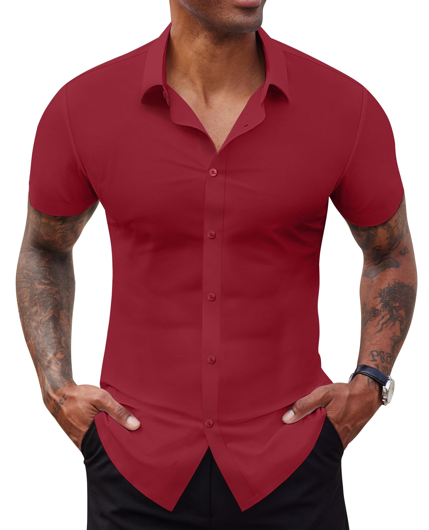 HOTLion Nardo Stretch Dress Shirts for Men Short Sleeve Slim Fit Casual Button Down Shirts Muscle Fit Men's Dress Shirts