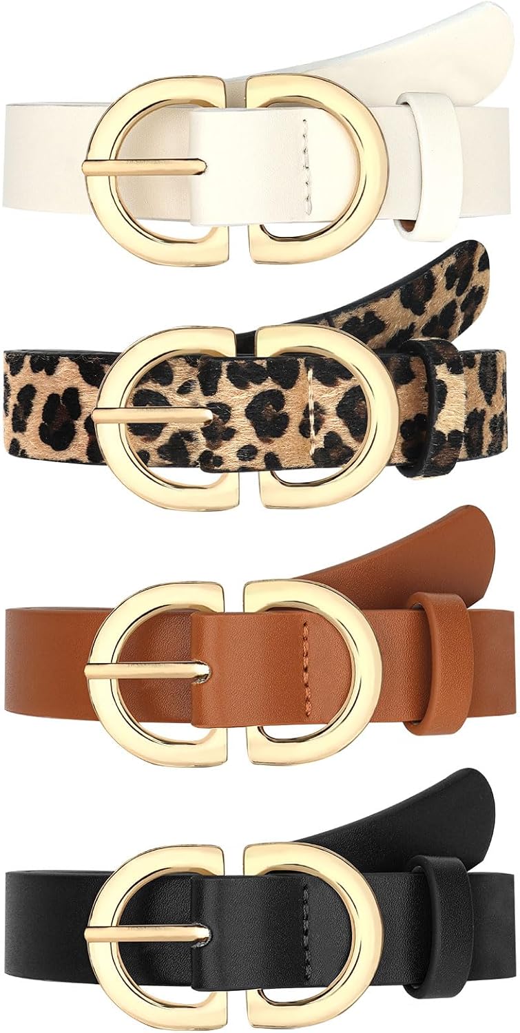 HOTYARIEW 4 Pack Leopard Belts for Women Leather Belts for Jeans Pants Ladies Dress Belt Waist Belt with Gold Buckle