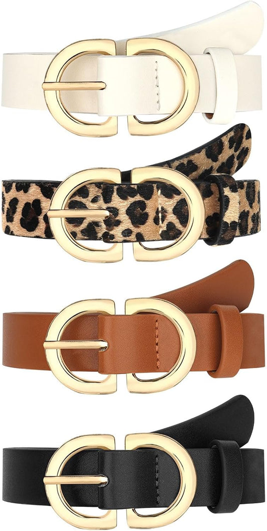 HOTYARIEW 4 Pack Leopard Belts for Women Leather Belts for Jeans Pants Ladies Dress Belt Waist Belt with Gold Buckle