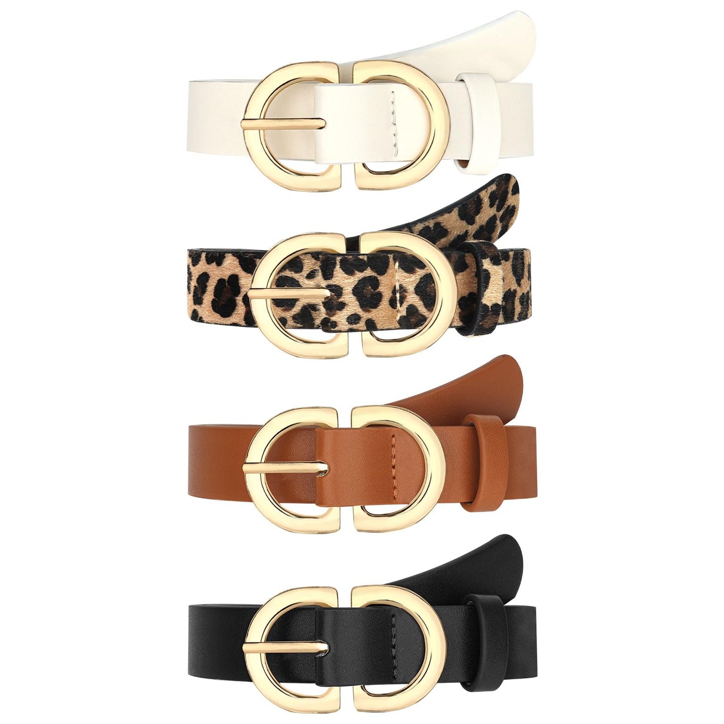 HOTYARIEW 4 Pack Leopard Belts for Women Leather Belts for Jeans Pants Ladies Dress Belt Waist Belt with Gold Buckle