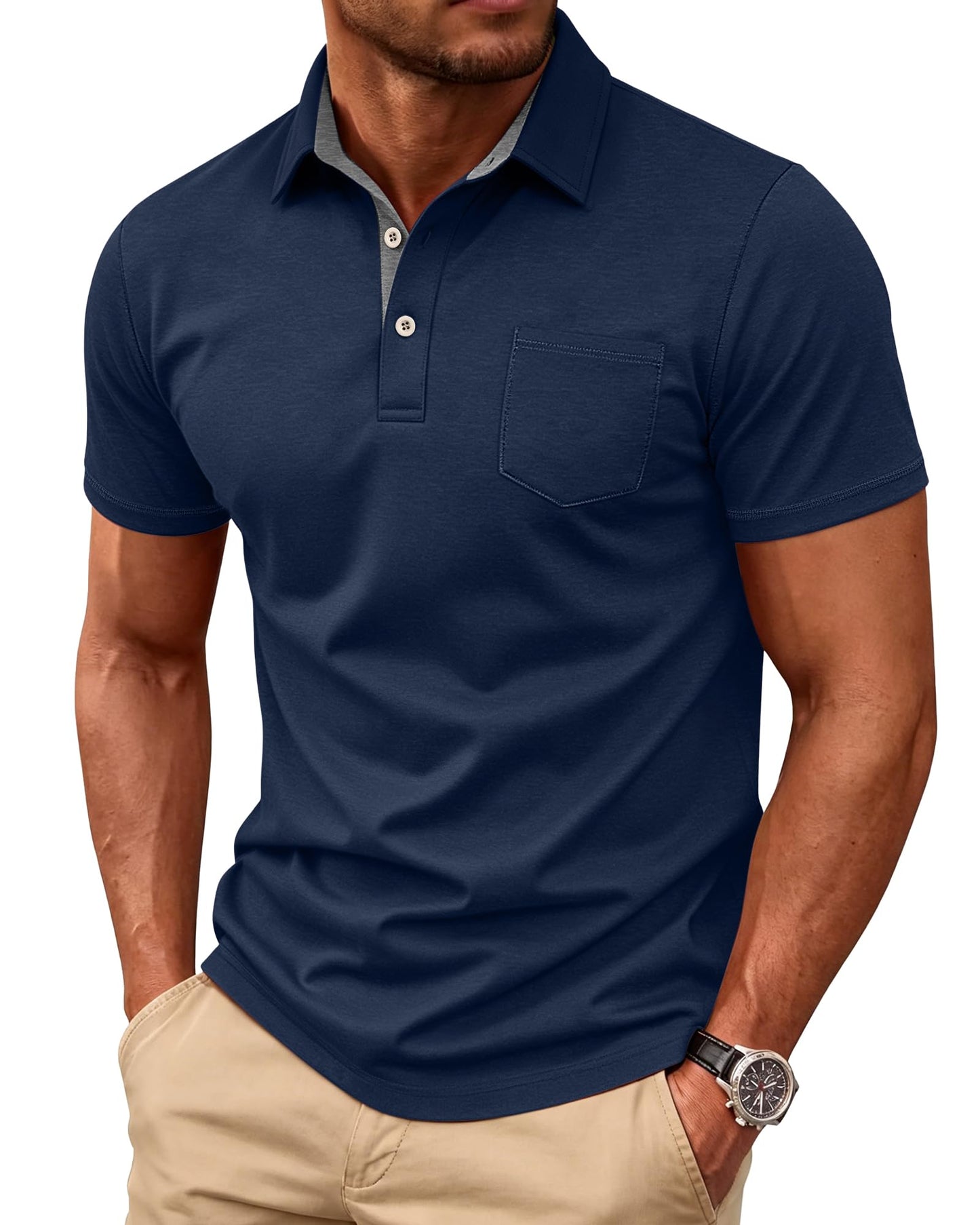 HOTMens Short Sleeve Polo Shirts Collared Business Casual Polo T Shirts with Pocket