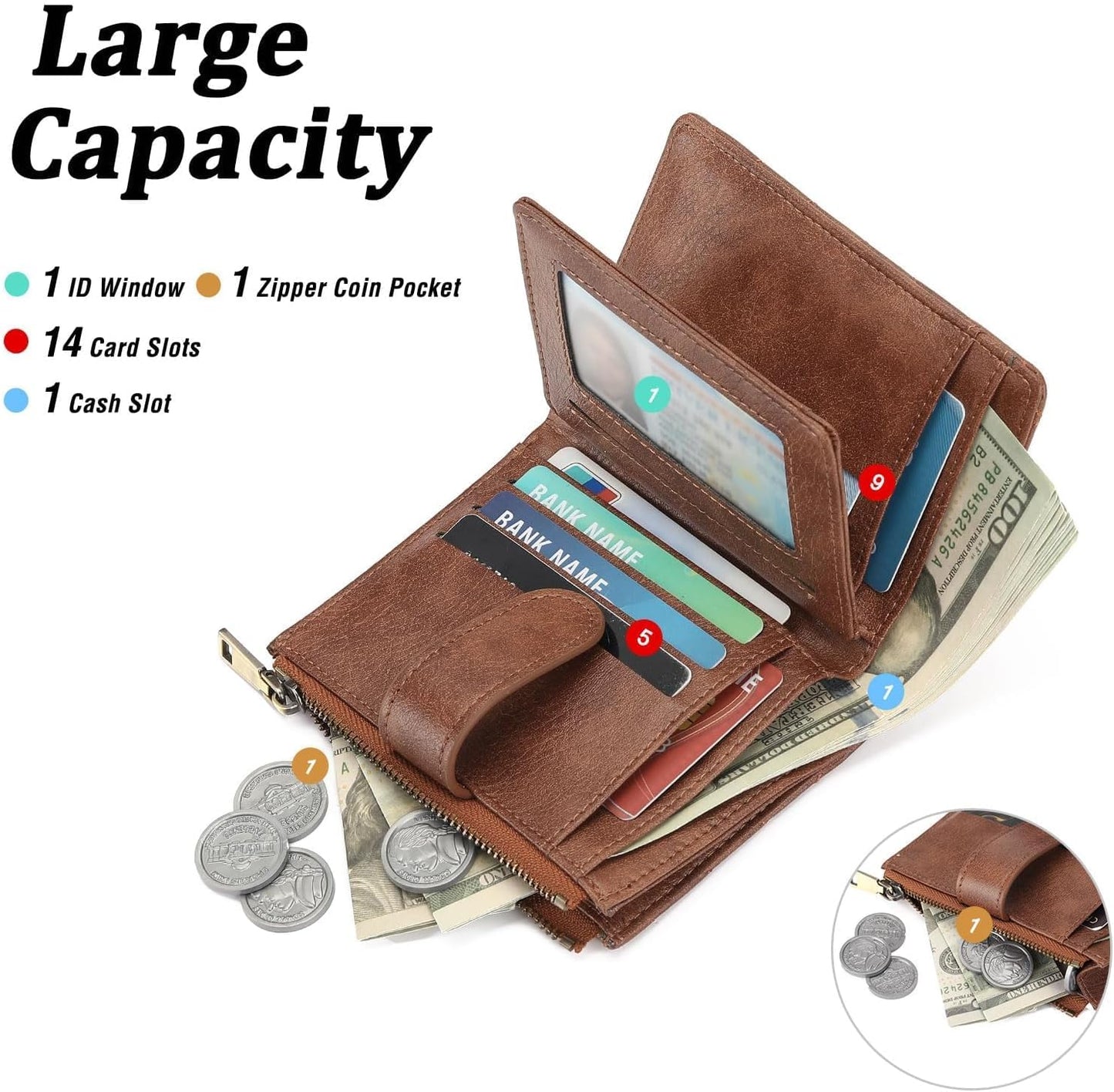HOTGAEKEAO Small Wallets for Women Vegan Leather RFID Blocking Bifold Zipper Pocket Wallet Card Case Purse with ID Window
