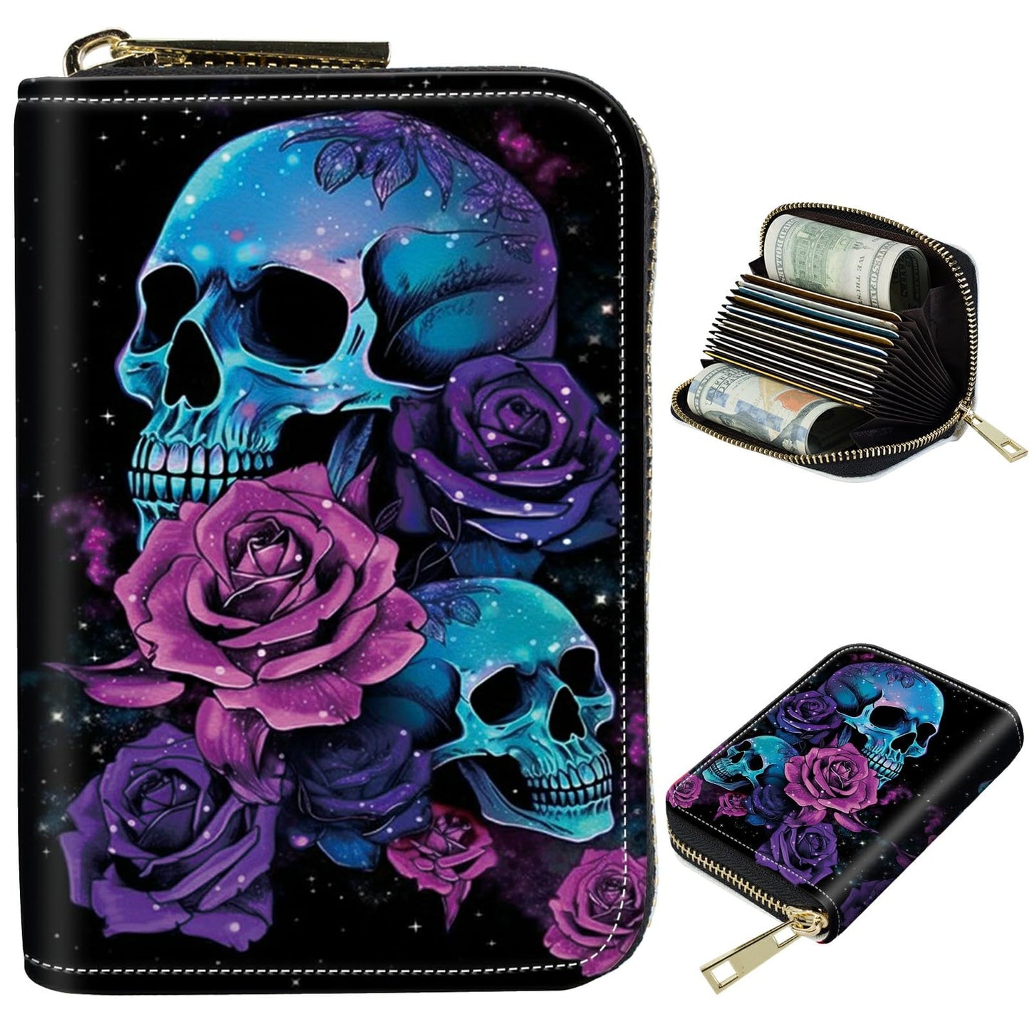 HOTCute Credit Card Holder with Zipper, Crow Skull RFID-Blocking Card Case Small Wallet for Women Men, Multi-slot Card Organizer Case Travel Accordion Wallet