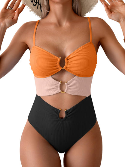 HOTEomenie Womens Cutout One Piece Swimsuit Sexy Bathing Suit | Ring Linked, Adjustable Spaghetti Straps, Bra Support, Soft Removable Cups, Monokini for Beach Vacation, Pool Side