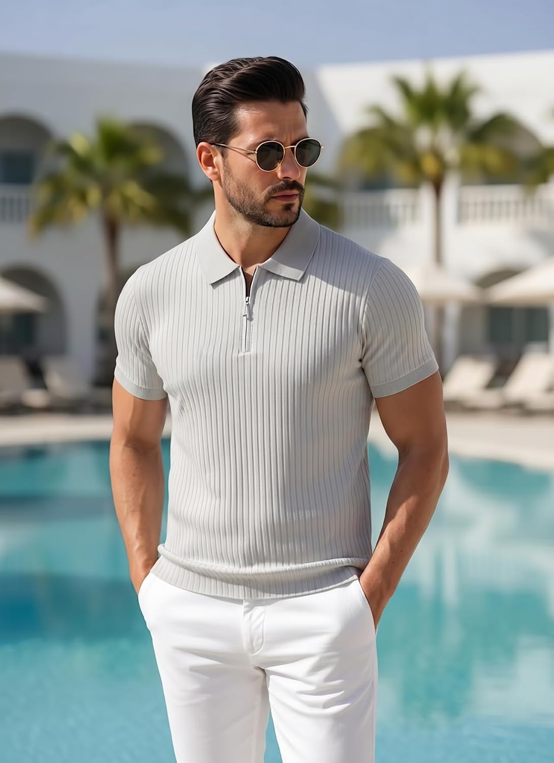 HOTplop 2 Pack Mens 1/4 Zipper Muscle Polo Shirts Slim Fit Collared Shirt Short Sleeve Ribbed Knit Fitted Casual Athletic Tee