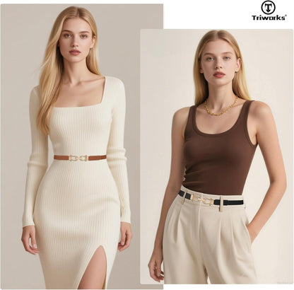 HOTTRIWORKS 4 Pack Women Skinny Elastic Belts Gold Buckle Thin Stretchy Waist Belts for Dresses