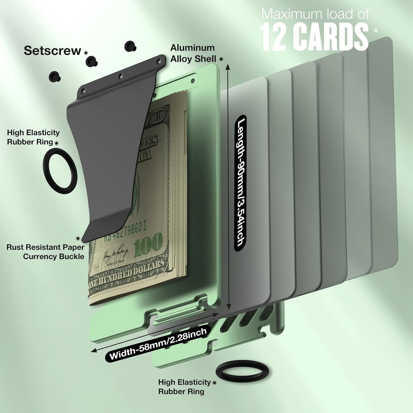 HOTWallet for Women, Minimalist Card Holder with Money Clip, Slim Metal Front Pocket Aluminum Wallet, Modern-Modular-Design, RFID Blocking, Green