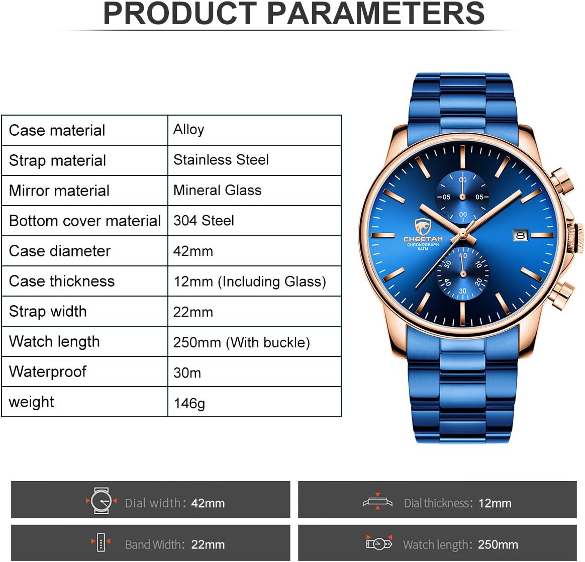 HOTGOLDEN HOUR Fashion Business Mens Watches with Stainless Steel Waterproof Chronograph Quartz Watch for Men, Auto Date