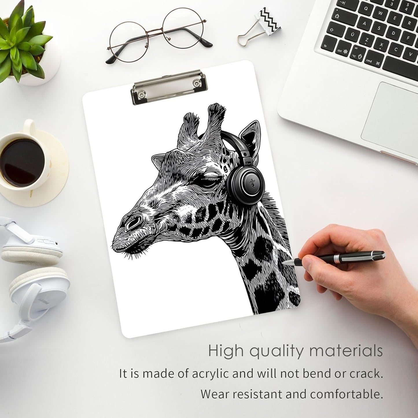 HOTGiraffe Headphone White Acrylic Clipboard, A4 Letter Size Standard Clipboard with Gold Finish Clip, Decorative Funny Clipboards for Women, Nurses, Office 9" X 12.5"