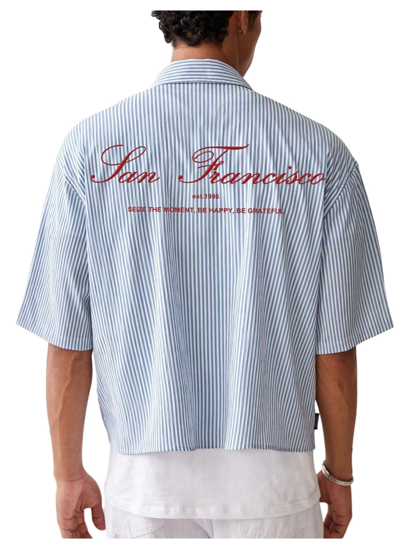 HOTGORGLITTER Men's Striped Button Down Up Cropped T Shirt Short Sleeve Letter Summer Vacation Shirts Boxy Tees Streetwear | Vintage Gingham Shirt, Drop Shoulder Crop Top, Y2K Streetwear, Summer Vacation Clothes