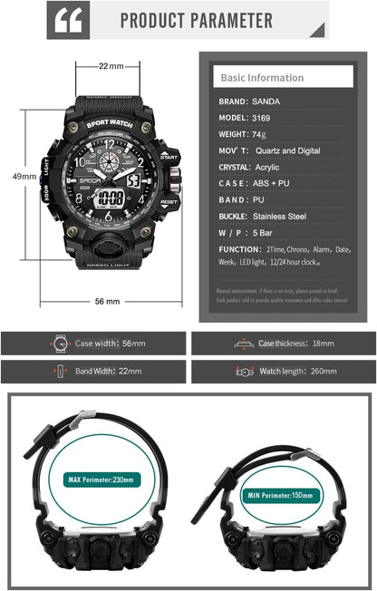 HOTKXAITO Men's Watches Sports Outdoor Waterproof Military Wrist Watch Date Multi Function Tactics LED Alarm Stopwatch