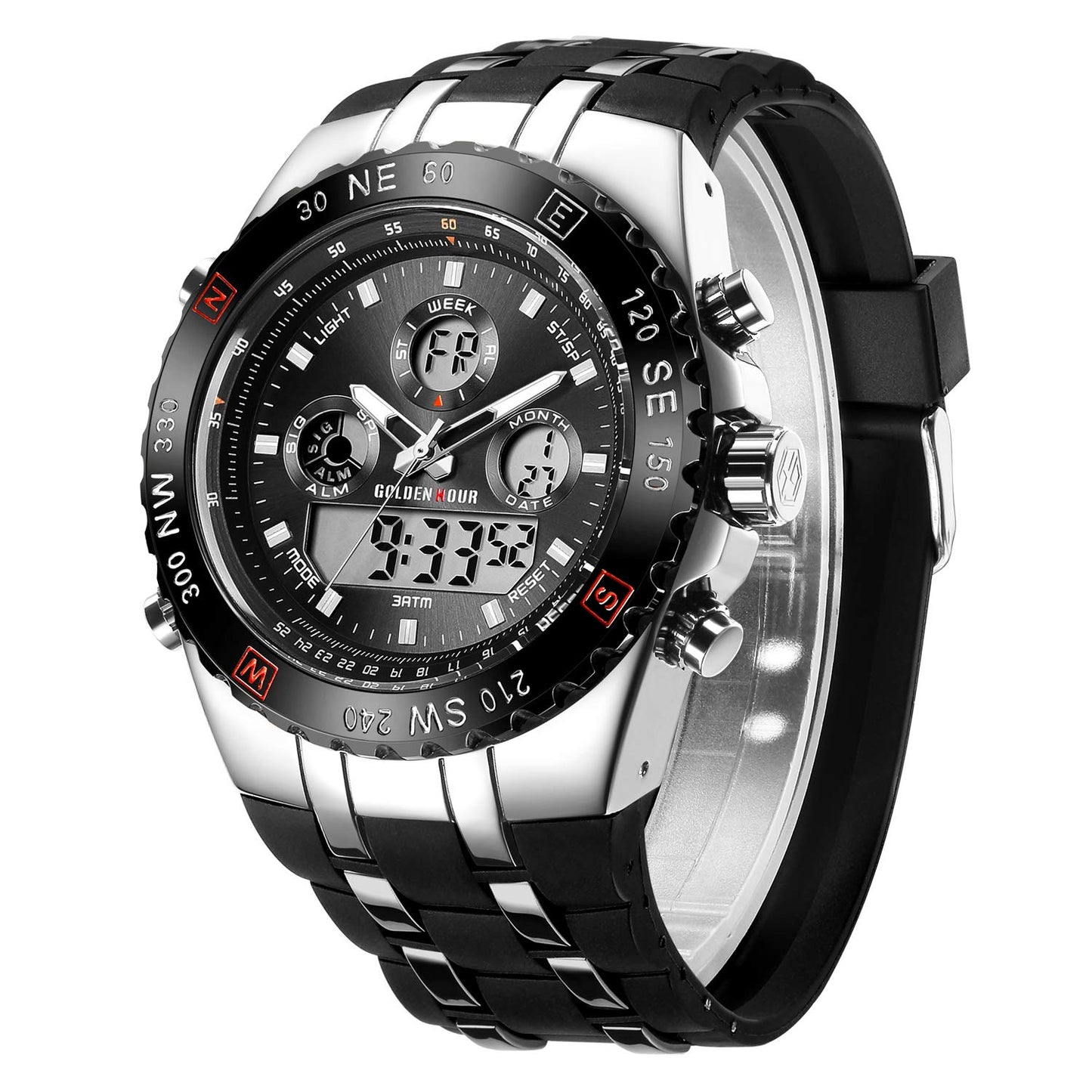 HOTGOLDEN HOUR Luxury Military Sports Men's Watches Large Size Big Face 3ATM Waterproof, Stopwatch, Date and Date, Alarm, Luminous Digital Analog Wrist Watch with Rubber Band