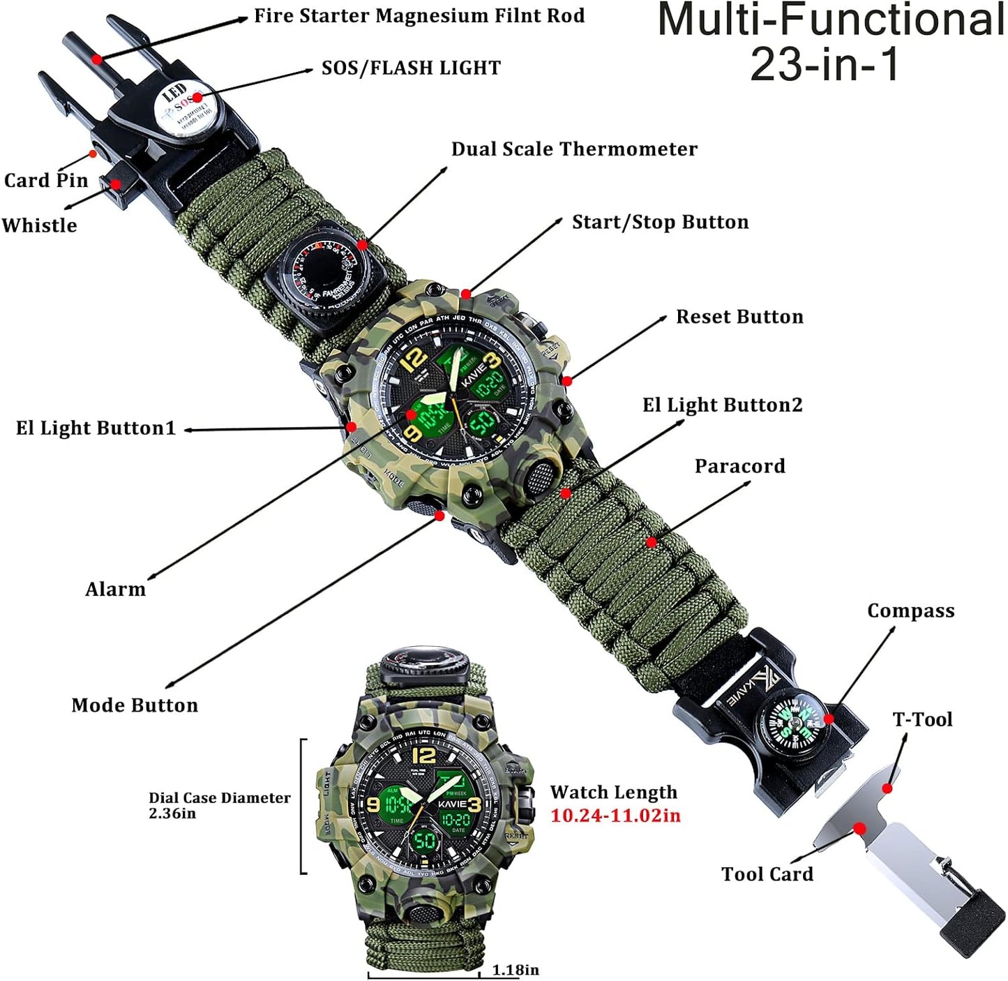 HOTMens Tactical Military Digital Watch, 23-in-1 Survival Multi-Functional Army Outdoors Waterproof Camouflage Sports Watches Dual Display Analog LED Electronic Wristwatches with Compass Paracord Band
