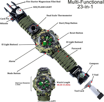 HOTMens Tactical Military Digital Watch, 23-in-1 Survival Multi-Functional Army Outdoors Waterproof Camouflage Sports Watches Dual Display Analog LED Electronic Wristwatches with Compass Paracord Band
