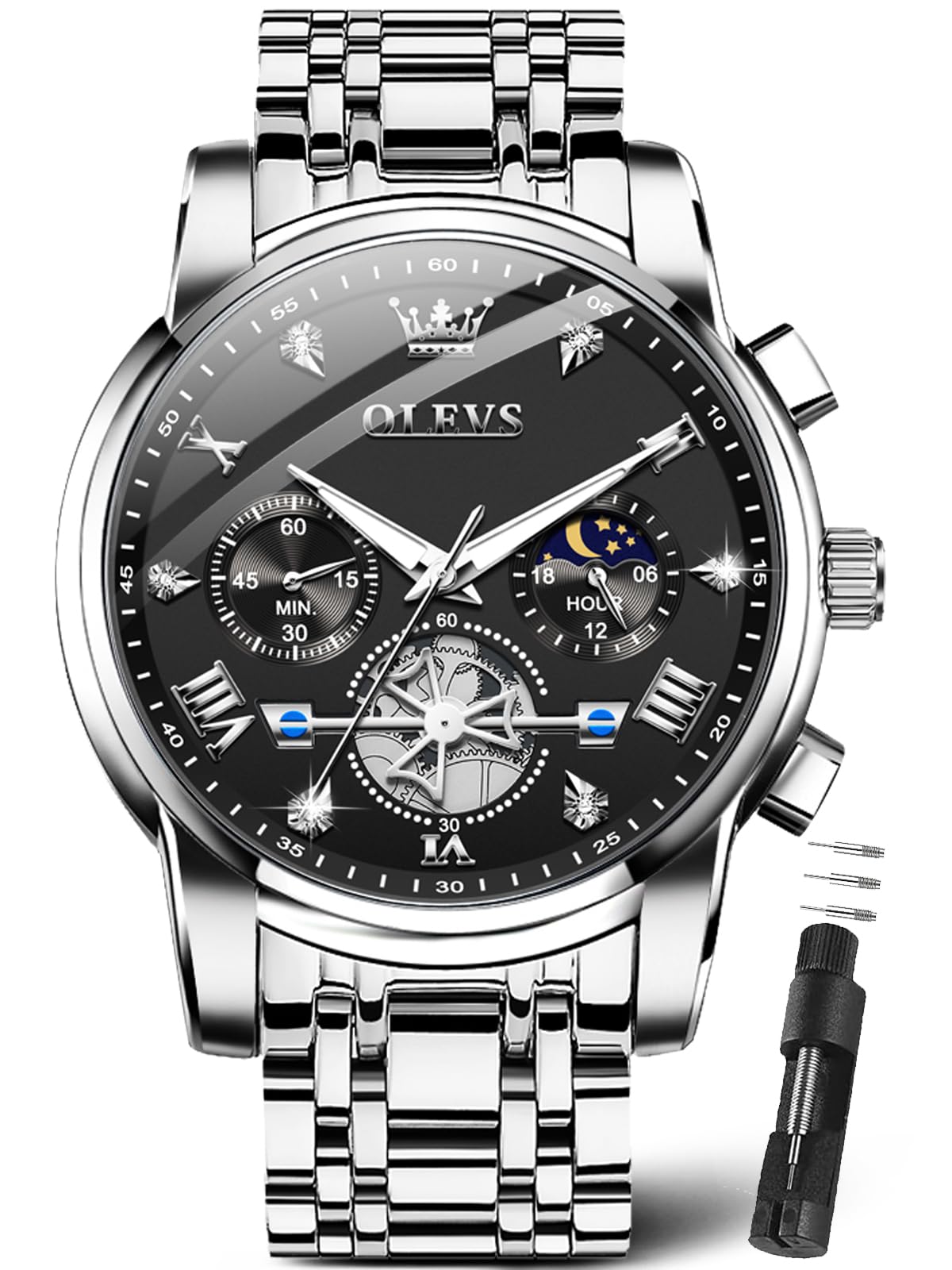 HOTOLEVS Watches Men Stainless Steel Chronograph Watch Luxury Big Face Man Dress Watches Waterproof Roman Numeral Analog Quartz Men Wrist Watch Diamond Relojes para Hombre(Silver/Black/Gold/Red/Blue)